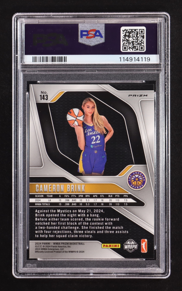 Cameron Brink 2024 Panini Prizm WNBA Prizms Blue Velocity #143 RC (PSA 10) at PristineAuction.com Cameron Brink 2024 Panini Prizm WNBA Prizms Blue Velocity #143 RC (PSA 10) at PristineAuction.com