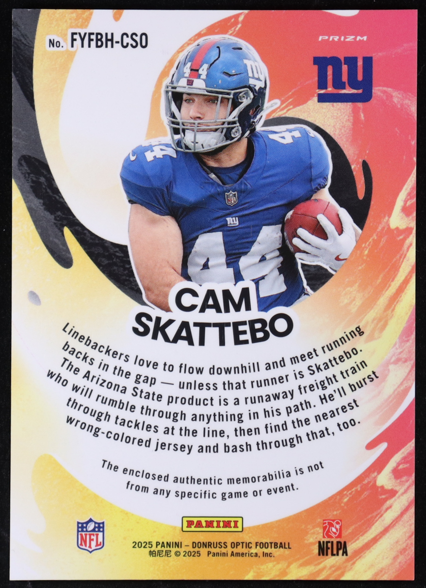 Cam Skattebo 2025 Donruss Optic First Year Fresh Jerseys Blue Hyper #21 RC at PristineAuction.com Cam Skattebo 2025 Donruss Optic First Year Fresh Jerseys Blue Hyper #21 RC at PristineAuction.com