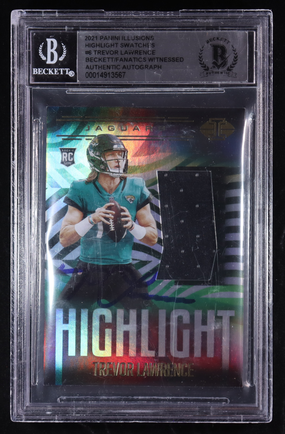 Trevor Lawrence Signed 2021 Panini Illusions Highlight Swatches #6 RC (BGS) at PristineAuction.com Trevor Lawrence Signed 2021 Panini Illusions Highlight Swatches #6 RC (BGS) at PristineAuction.com