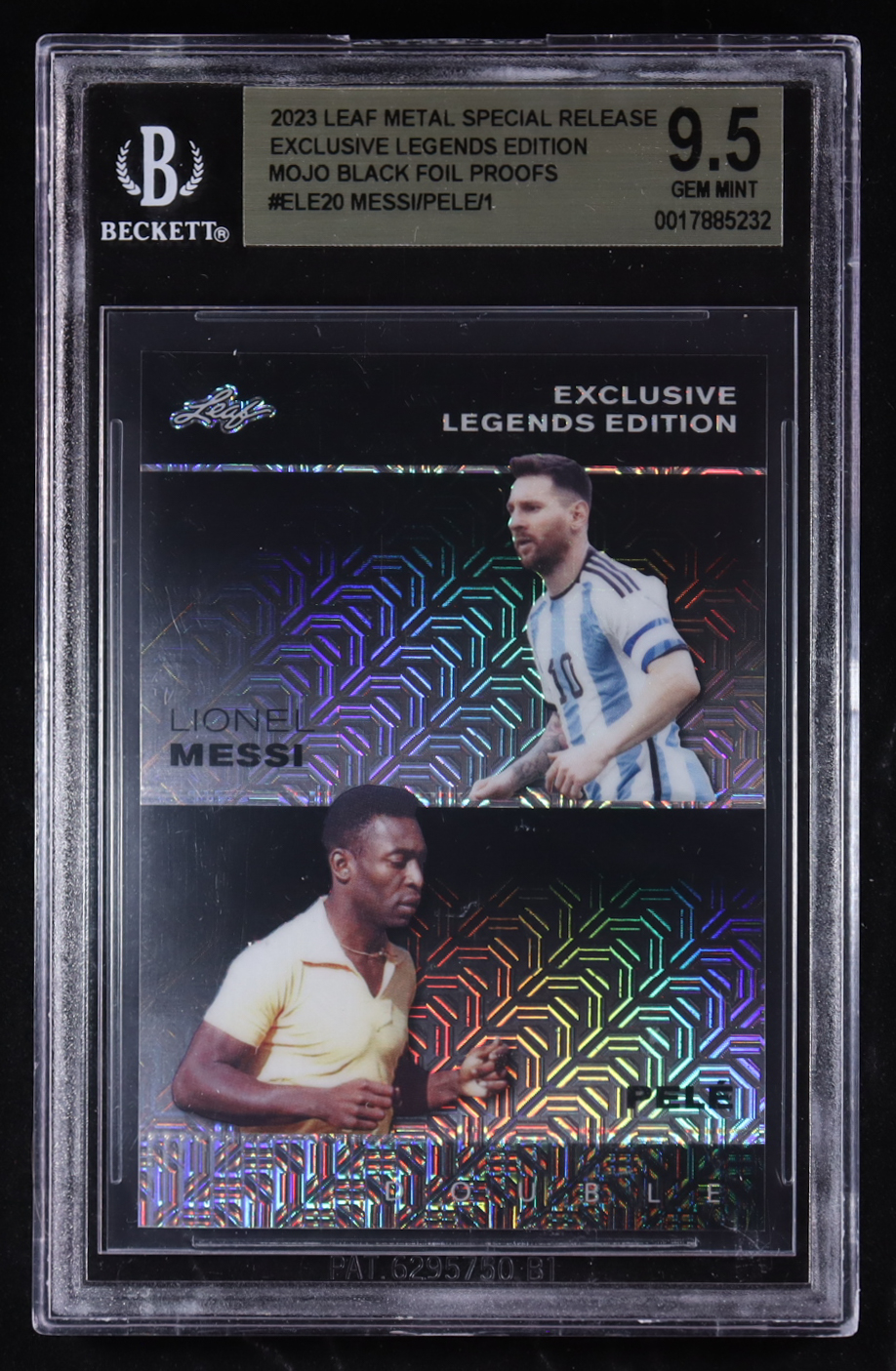 Lionel Messi / Pele 2023 Leaf Metal Special Release Exclusive Legends Edition Mojo Black Foil Proofs #ELE20 #1/1 (BGS 9.5) at PristineAuction.com Lionel Messi / Pele 2023 Leaf Metal Special Release Exclusive Legends Edition Mojo Black Foil Proofs #ELE20 #1/1 (BGS 9.5) at PristineAuction.com