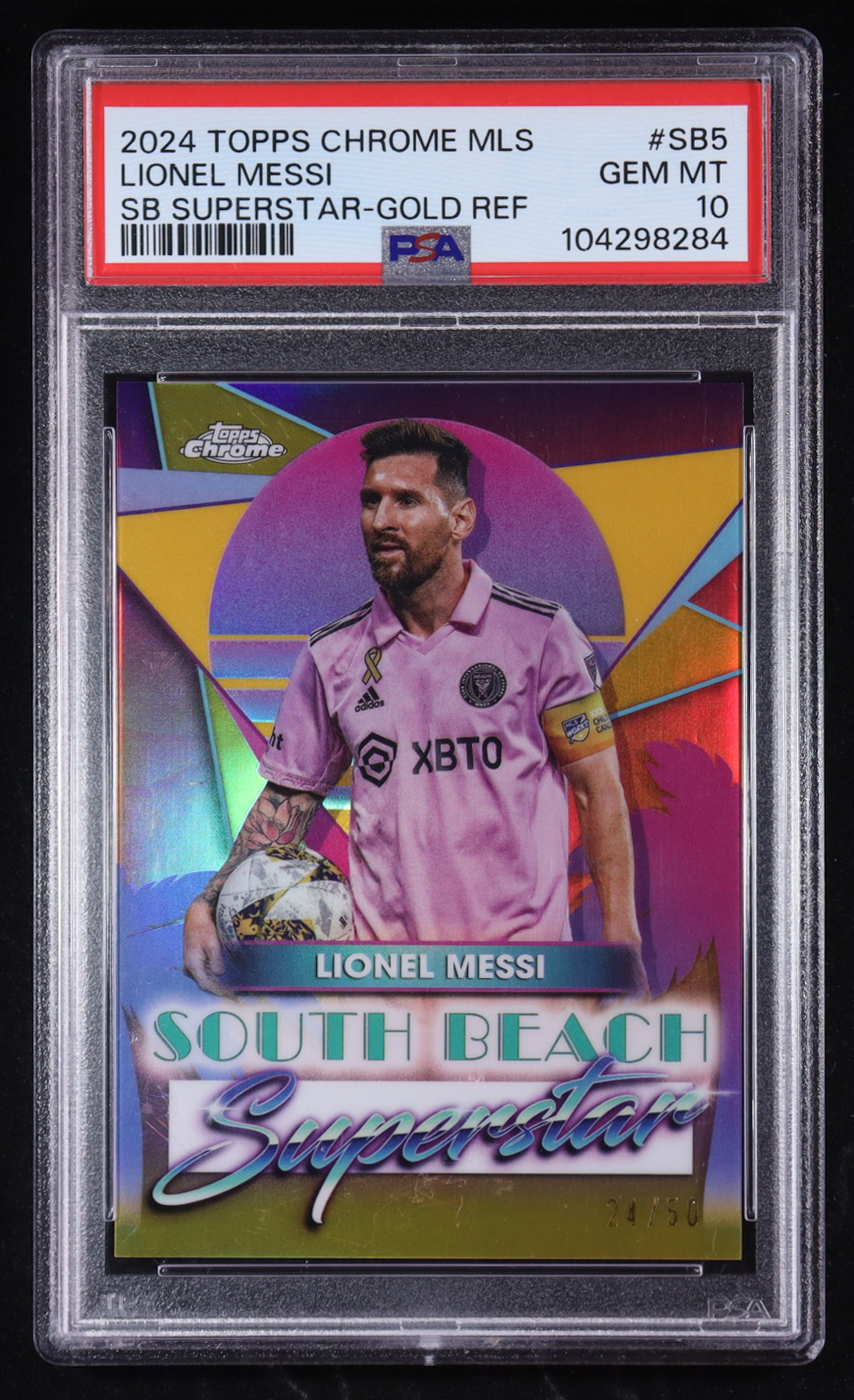 Lionel Messi 2024 Topps Chrome MLS South Beach Superstar Gold Refractors #SB5 #24/50 (PSA 10) at PristineAuction.com Lionel Messi 2024 Topps Chrome MLS South Beach Superstar Gold Refractors #SB5 #24/50 (PSA 10) at PristineAuction.com