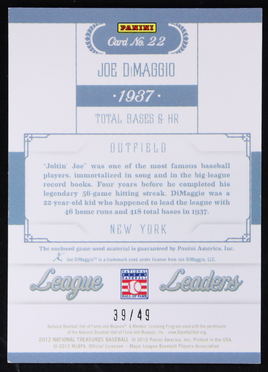 Joe DiMaggio 2012 Panini National Treasures League Leaders Materials #22 #39/49 at PristineAuction.com Joe DiMaggio 2012 Panini National Treasures League Leaders Materials #22 #39/49 at PristineAuction.com