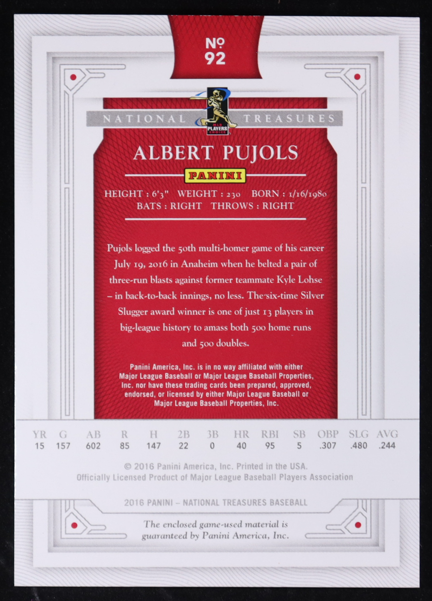 Albert Pujols 2016 Panini National Treasures #92 Bat #16/99 at PristineAuction.com Albert Pujols 2016 Panini National Treasures #92 Bat #16/99 at PristineAuction.com