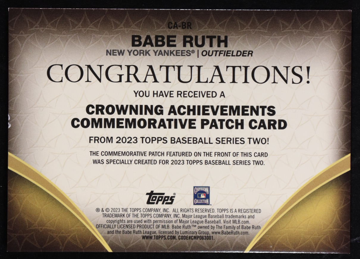 Babe Ruth 2023 Topps Crowning Achievements Commemorative Patches #CABR at PristineAuction.com Babe Ruth 2023 Topps Crowning Achievements Commemorative Patches #CABR at PristineAuction.com