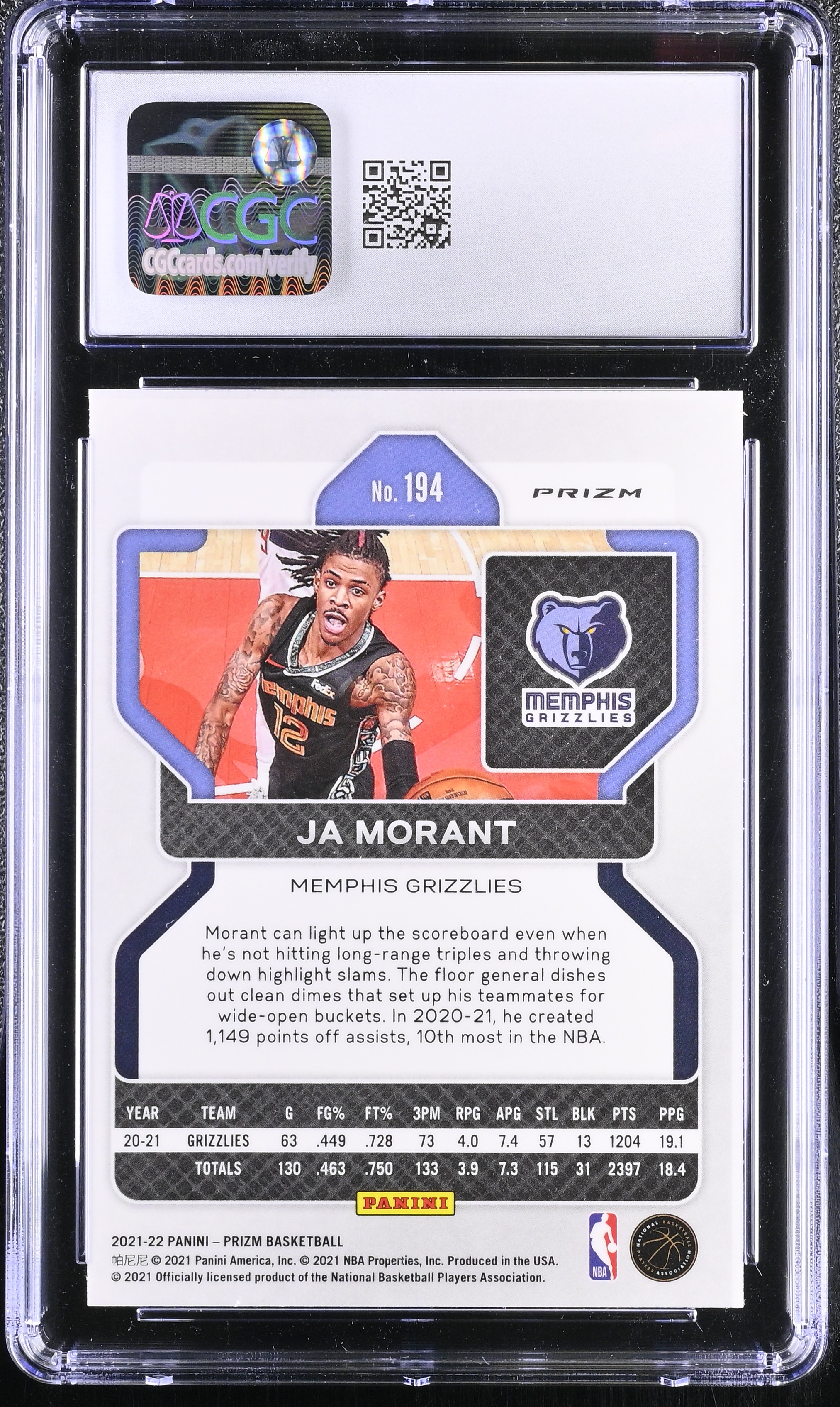 Ja Morant 2021-22 Panini Prizm Prizms Ice #194 (CGC 10) at PristineAuction.com Ja Morant 2021-22 Panini Prizm Prizms Ice #194 (CGC 10) at PristineAuction.com