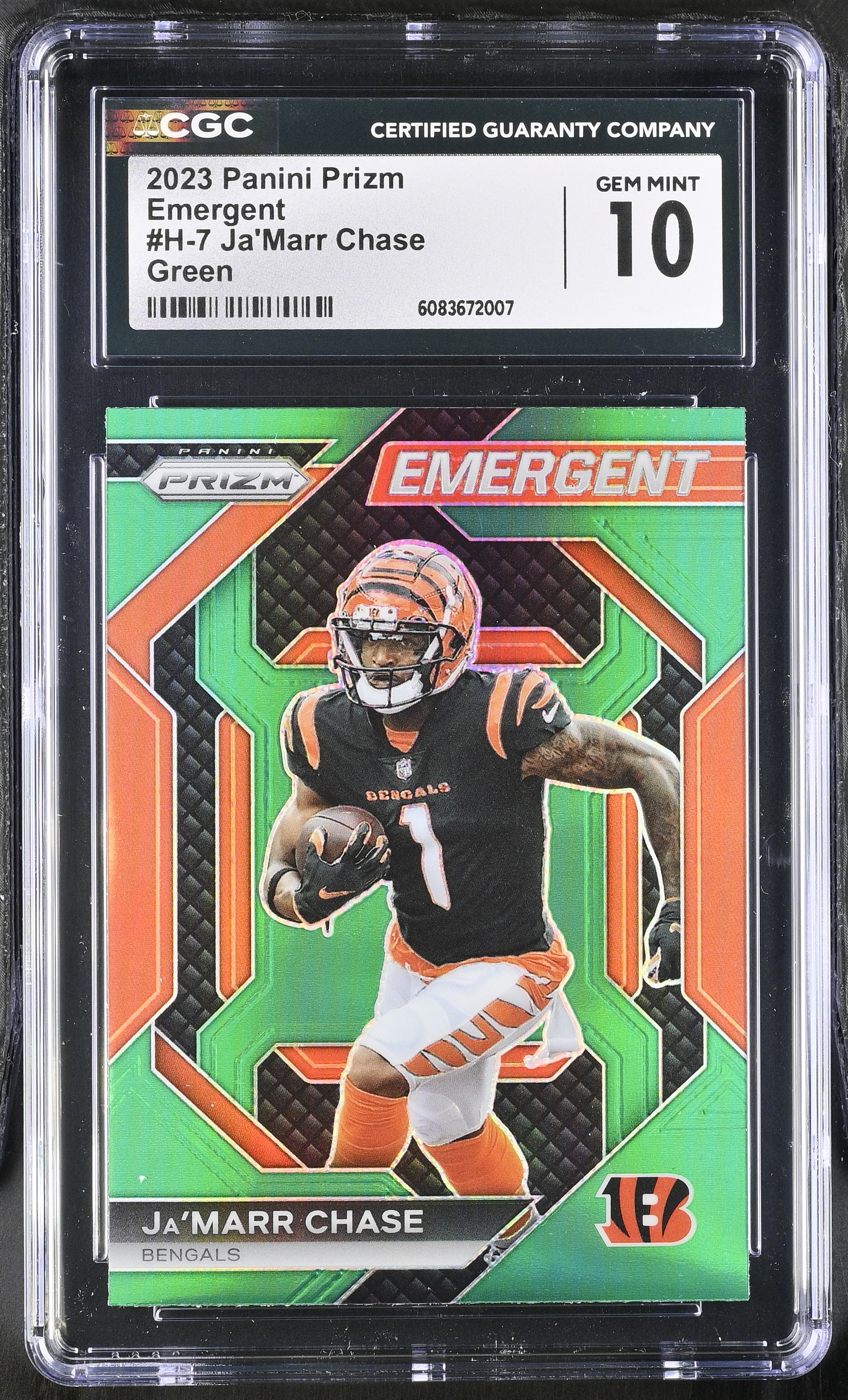 Ja'Marr Chase 2023 Panini Prizm Emergent Green #H-7 (CGC 10) at PristineAuction.com Ja'Marr Chase 2023 Panini Prizm Emergent Green #H-7 (CGC 10) at PristineAuction.com