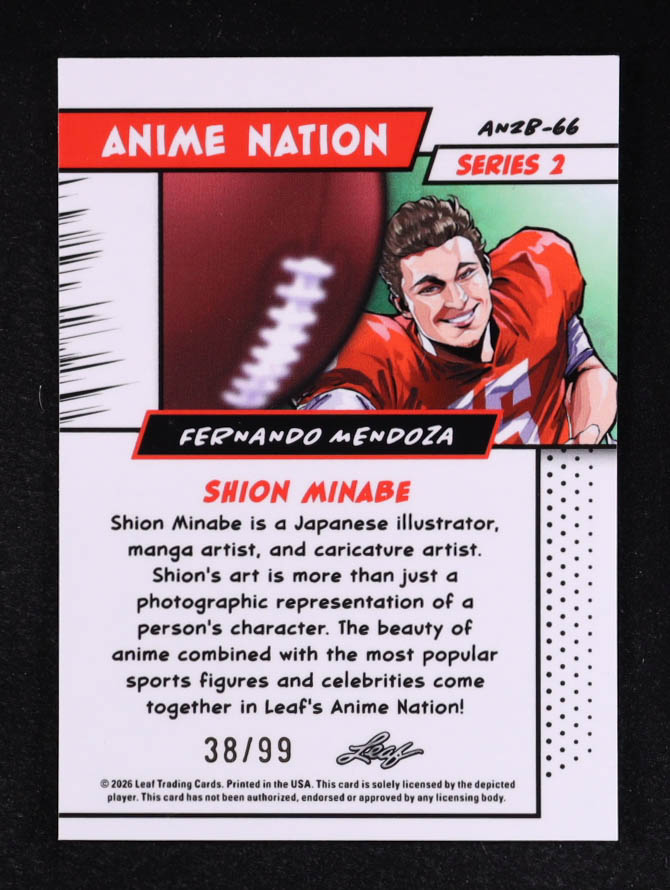 Fernando Mendoza 2026 Leaf Anime Nation S2 Green Holo #AN2B66 #38/99 RC at PristineAuction.com Fernando Mendoza 2026 Leaf Anime Nation S2 Green Holo #AN2B66 #38/99 RC at PristineAuction.com