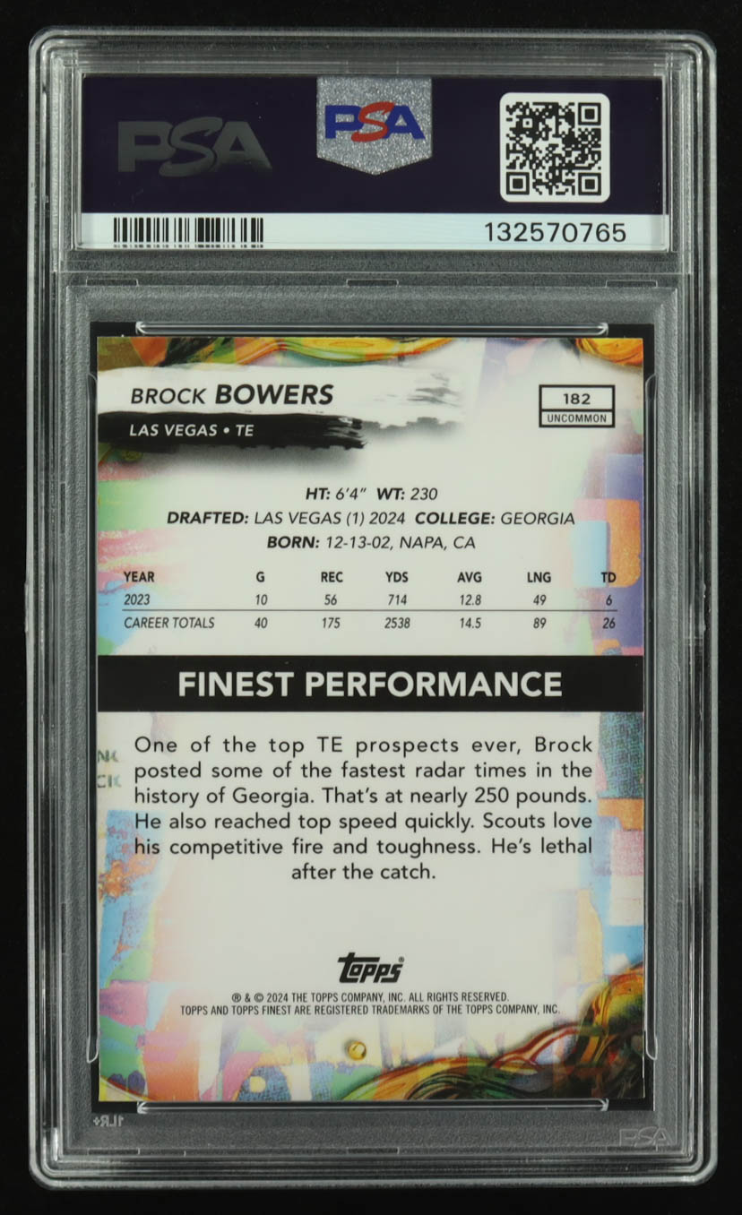 Brock Bowers 2024 Finest Blue Checkerboard Refractors #182 RC #56/75 (PSA 9) at PristineAuction.com Brock Bowers 2024 Finest Blue Checkerboard Refractors #182 RC #56/75 (PSA 9) at PristineAuction.com