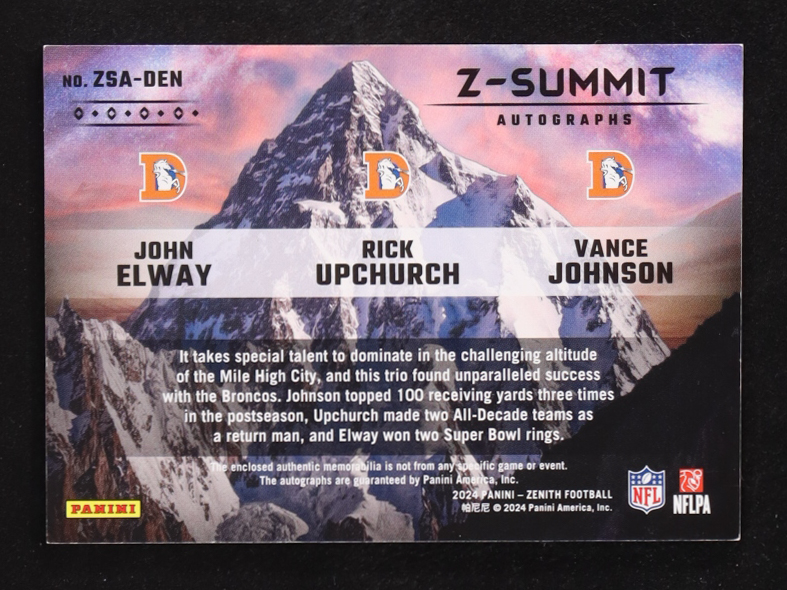 John Elway / Rick Upchurch / Vance Johnson 2024 Zenith Z Summit Autographs #1 #13/25 at PristineAuction.com John Elway / Rick Upchurch / Vance Johnson 2024 Zenith Z Summit Autographs #1 #13/25 at PristineAuction.com