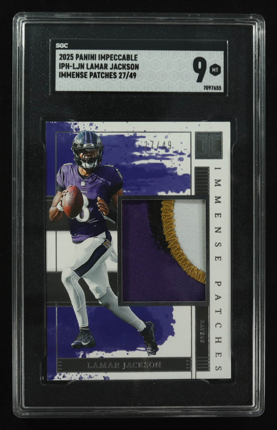 Lamar Jackson 2025 Panini Impeccable Immense Patches #3 #27/49 (SGC 9) at PristineAuction.com Lamar Jackson 2025 Panini Impeccable Immense Patches #3 #27/49 (SGC 9) at PristineAuction.com