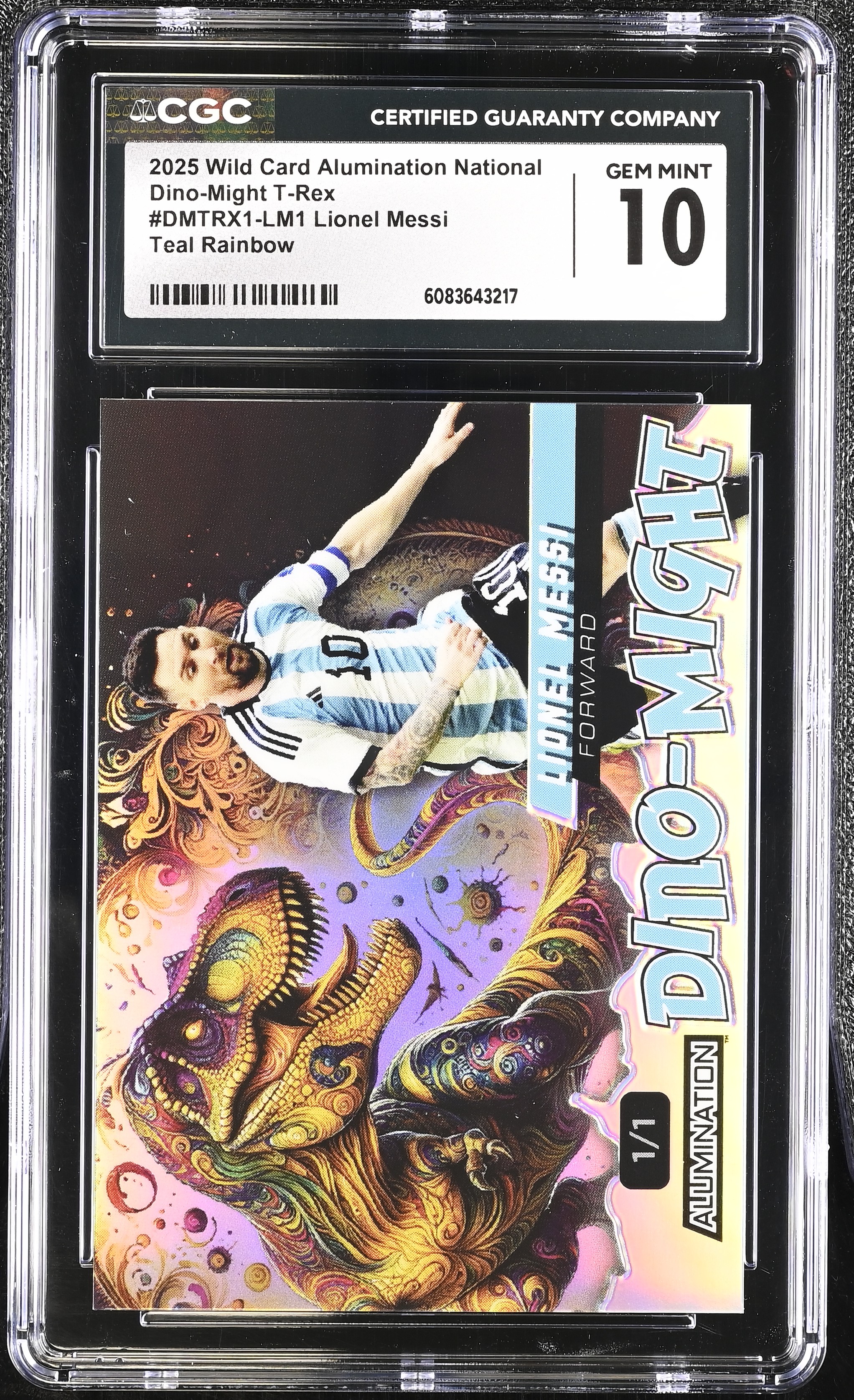 Lionel Messi 2025 Wild Card Alumination Dino-Might Prismatic Silver #DMTRX1LM1 #1/1 (CGC 10) at PristineAuction.com Lionel Messi 2025 Wild Card Alumination Dino-Might Prismatic Silver #DMTRX1LM1 #1/1 (CGC 10) at PristineAuction.com