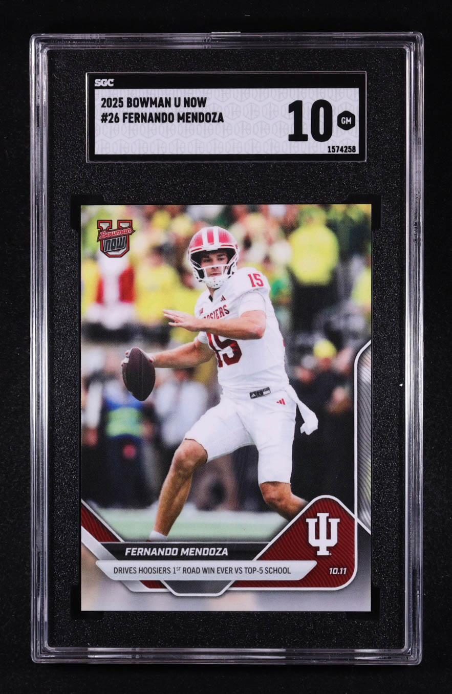 Fernando Mendoza 2025 Bowman University Now #26 RC (SGC 10) at PristineAuction.com Fernando Mendoza 2025 Bowman University Now #26 RC (SGC 10) at PristineAuction.com