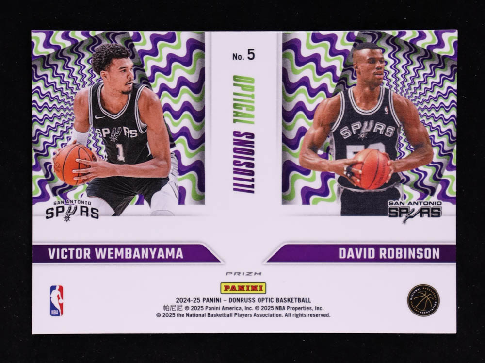 David Robinson / Victor Wembanyama 2024-25 Donruss Optic Optical Illusions Purple #5 at PristineAuction.com David Robinson / Victor Wembanyama 2024-25 Donruss Optic Optical Illusions Purple #5 at PristineAuction.com