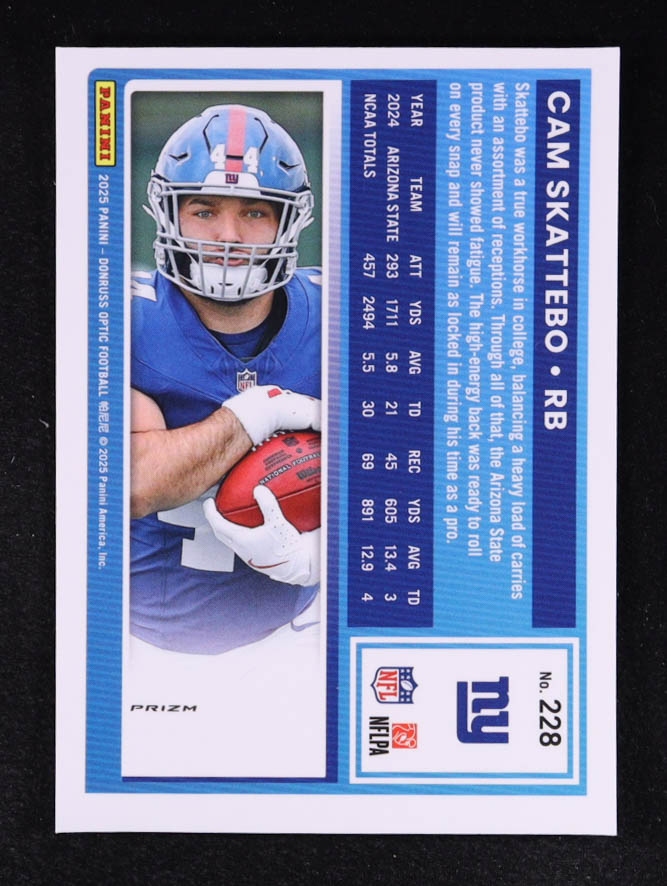 Cam Skattebo 2025 Donruss Optic Holo #228 RR RC at PristineAuction.com Cam Skattebo 2025 Donruss Optic Holo #228 RR RC at PristineAuction.com