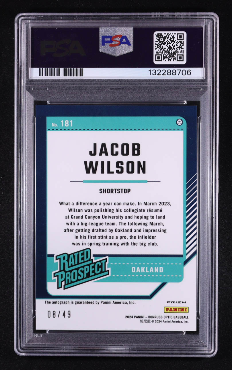 Jacob Wilson 2024 Donruss Optic Rated Prospects Signatures Purple #181 RC #8/49 (PSA 9) at PristineAuction.com Jacob Wilson 2024 Donruss Optic Rated Prospects Signatures Purple #181 RC #8/49 (PSA 9) at PristineAuction.com