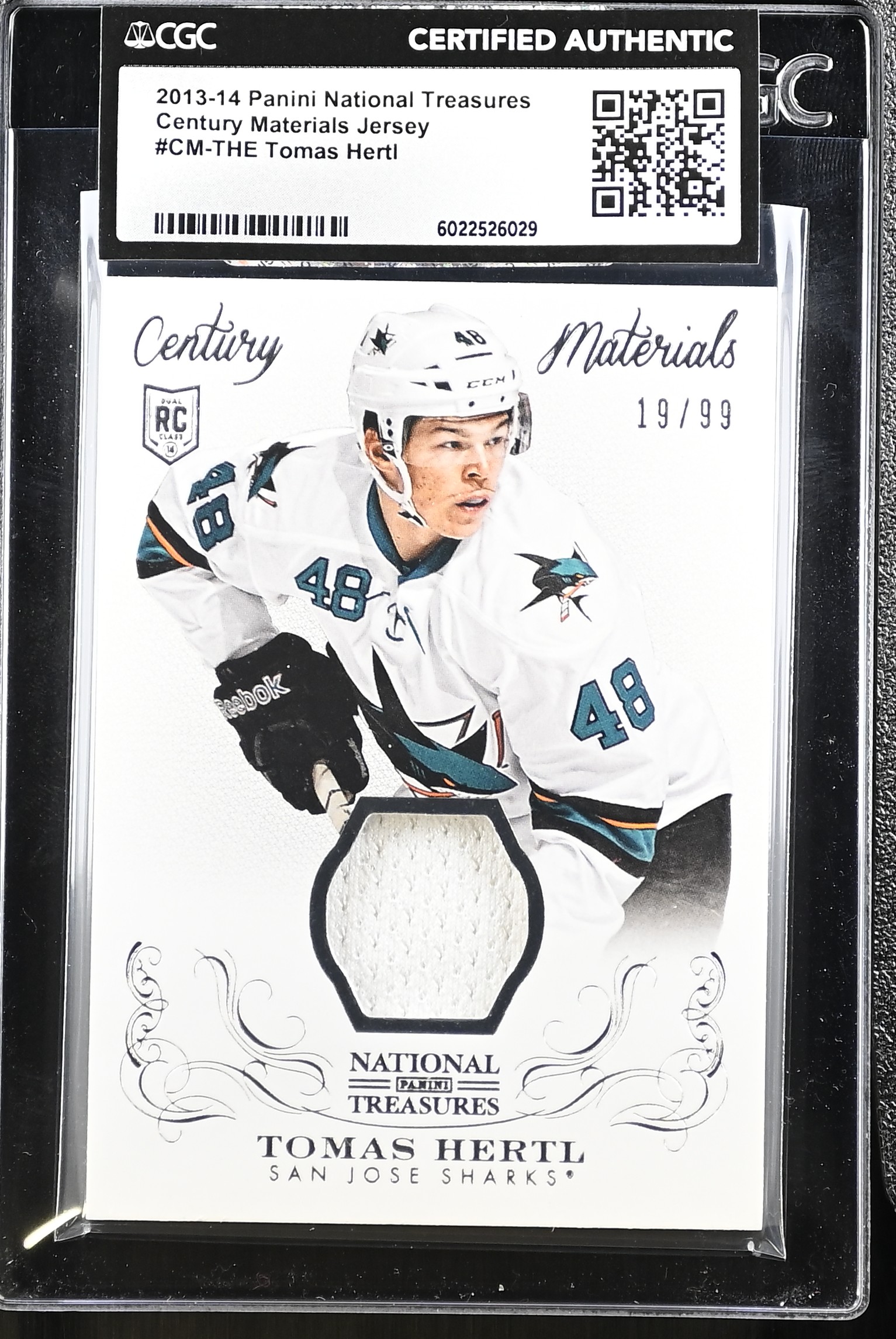 Tomas Hertl 2013-14 Panini National Treasures Century Materials Jersey RC #4 #19/99 (CGC) at PristineAuction.com Tomas Hertl 2013-14 Panini National Treasures Century Materials Jersey RC #4 #19/99 (CGC) at PristineAuction.com
