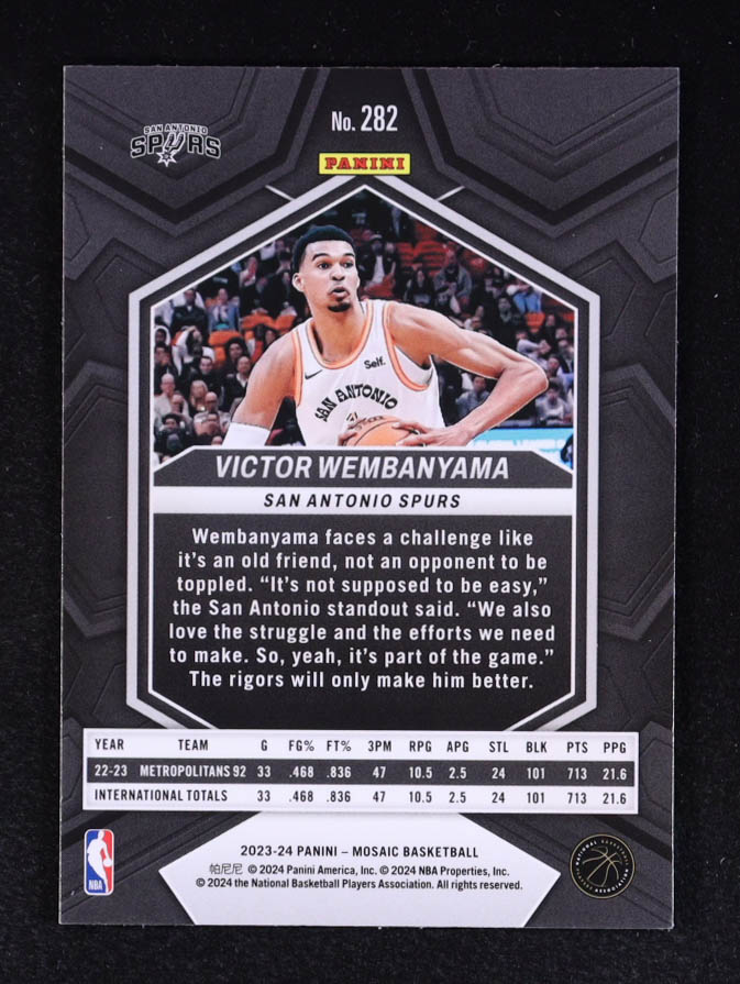 Victor Wembanyama 2023-24 Panini Mosaic #282 RC / City Edition at PristineAuction.com Victor Wembanyama 2023-24 Panini Mosaic #282 RC / City Edition at PristineAuction.com