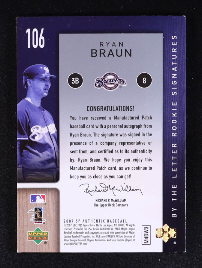 Ryan Braun 2007 SP Authentic By the Letter Rookie Signatures #106 RC #13/50 at PristineAuction.com Ryan Braun 2007 SP Authentic By the Letter Rookie Signatures #106 RC #13/50 at PristineAuction.com