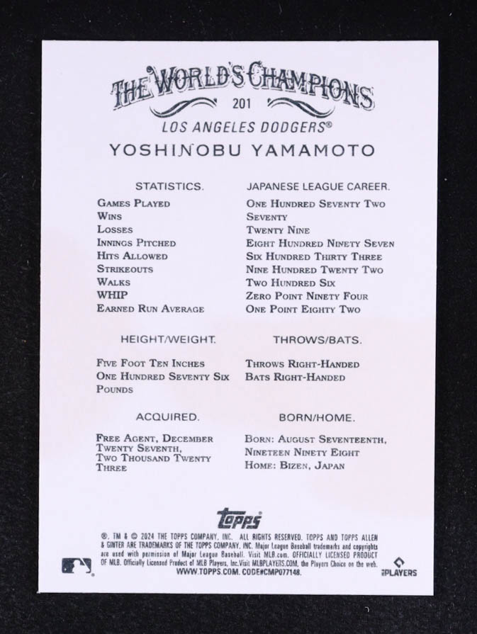 Yoshinobu Yamamoto 2024 Topps Allen and Ginter #201 RC at PristineAuction.com Yoshinobu Yamamoto 2024 Topps Allen and Ginter #201 RC at PristineAuction.com