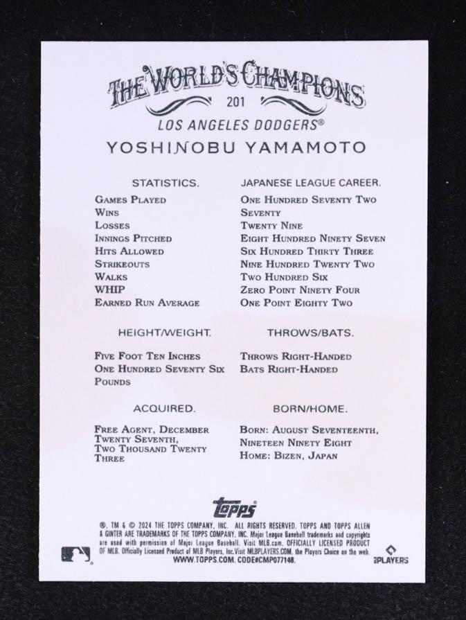Yoshinobu Yamamoto 2024 Topps Allen and Ginter #201 RC at PristineAuction.com Yoshinobu Yamamoto 2024 Topps Allen and Ginter #201 RC at PristineAuction.com