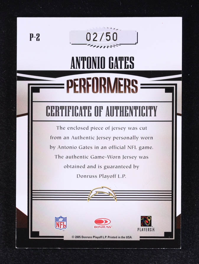 Antonio Gates 2005 Donruss Gridiron Gear Performers Jersey Autographs #2 #2/50 at PristineAuction.com Antonio Gates 2005 Donruss Gridiron Gear Performers Jersey Autographs #2 #2/50 at PristineAuction.com