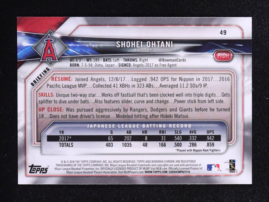 Shohei Ohtani 2018 Bowman #49 RC at PristineAuction.com Shohei Ohtani 2018 Bowman #49 RC at PristineAuction.com
