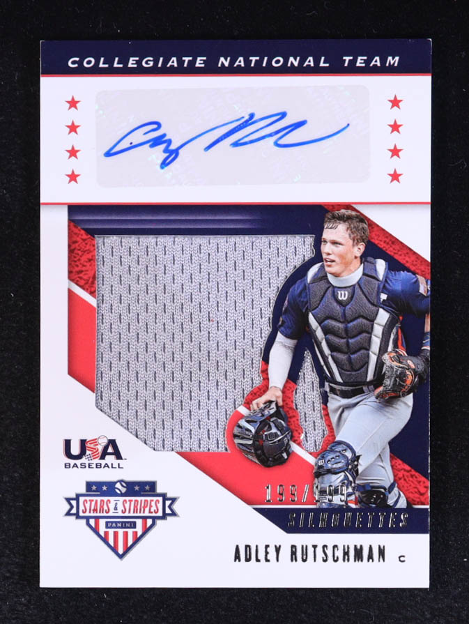 Adley Rutschman 2019 USA Baseball Stars and Stripes Silhouettes Signatures Jerseys #8 RC #199/199 at PristineAuction.com Adley Rutschman 2019 USA Baseball Stars and Stripes Silhouettes Signatures Jerseys #8 RC #199/199 at PristineAuction.com