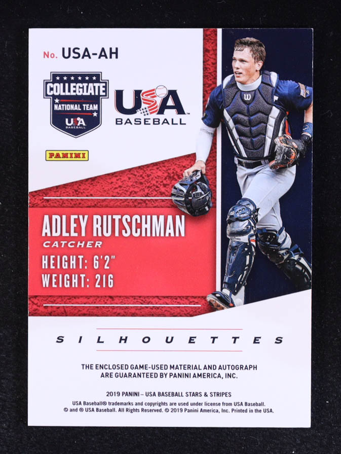 Adley Rutschman 2019 USA Baseball Stars and Stripes Silhouettes Signatures Jerseys #8 RC #199/199 at PristineAuction.com Adley Rutschman 2019 USA Baseball Stars and Stripes Silhouettes Signatures Jerseys #8 RC #199/199 at PristineAuction.com