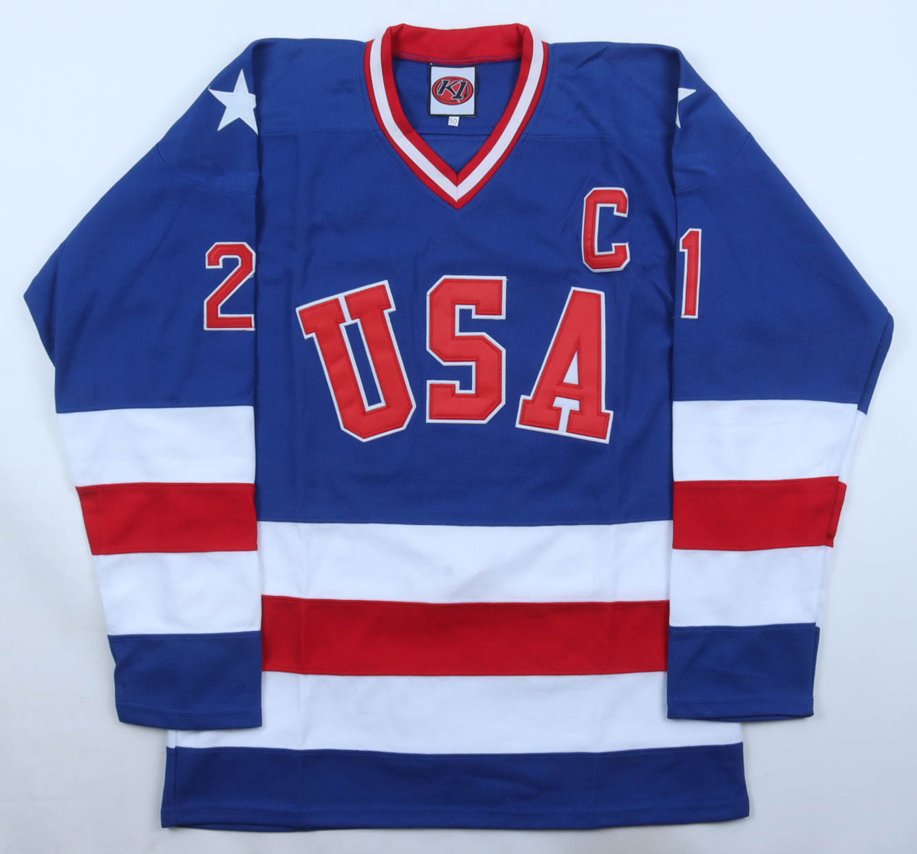 Mike Eruzione Signed USA Jersey With Captains Patch Inscribed "80 Gold" (JSA) at PristineAuction.com Mike Eruzione Signed USA Jersey With Captains Patch Inscribed "80 Gold" (JSA) at PristineAuction.com