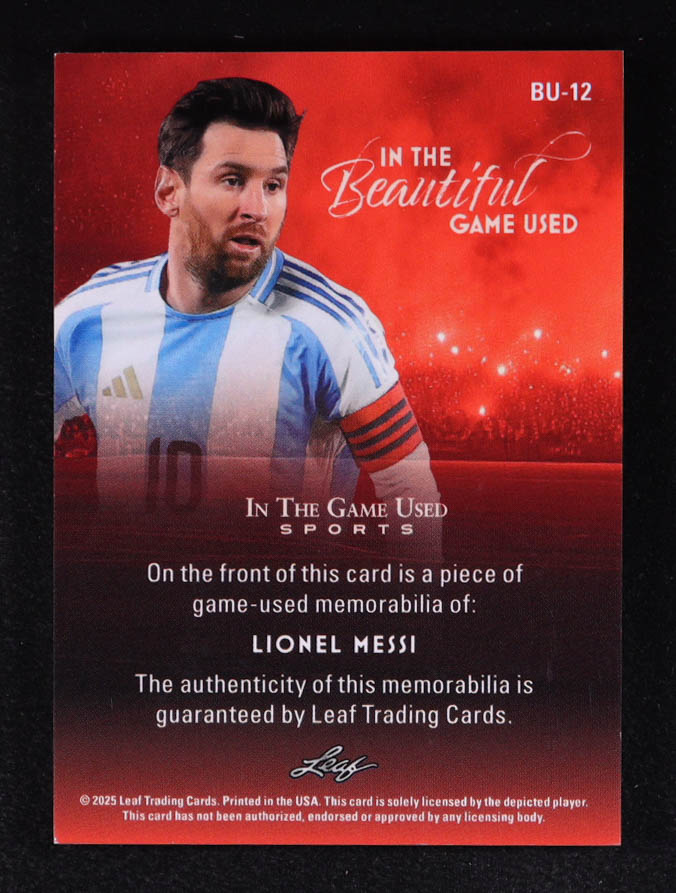 Lionel Messi 2025 Leaf ITG Used Sports Beautiful Memorabilia Blue #BU12 #20/65 at PristineAuction.com Lionel Messi 2025 Leaf ITG Used Sports Beautiful Memorabilia Blue #BU12 #20/65 at PristineAuction.com