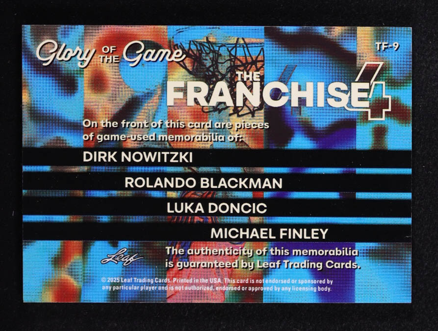 Dirk Nowitzki / Luka Doncic / Ronaldo Blackman / Michael Finley 2025 Leaf Flory of the Game Franchise 4 Memorabilia Crystal Rainbow #TF9 #14/15 at PristineAuction.com Dirk Nowitzki / Luka Doncic / Ronaldo Blackman / Michael Finley 2025 Leaf Flory of the Game Franchise 4 Memorabilia Crystal Rainbow #TF9 #14/15 at PristineAuction.com
