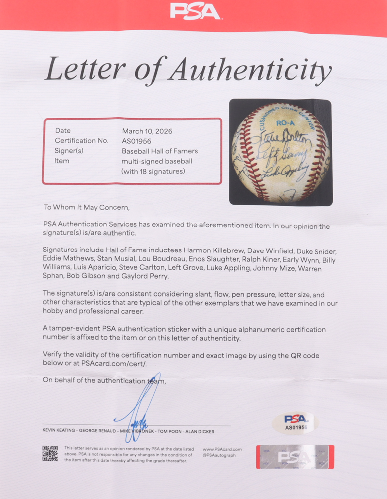 Baseball HOFers OAL Baseball Signed by (18) with Lefty Grove, Warren Spahn, Luke Appling, Duke Snider, Bob Gibson, Stan Musial, and Harmon Killebrew (PSA) at PristineAuction.com Baseball HOFers OAL Baseball Signed by (18) with Lefty Grove, Warren Spahn, Luke Appling, Duke Snider, Bob Gibson, Stan Musial, and Harmon Killebrew (PSA) at PristineAuction.com