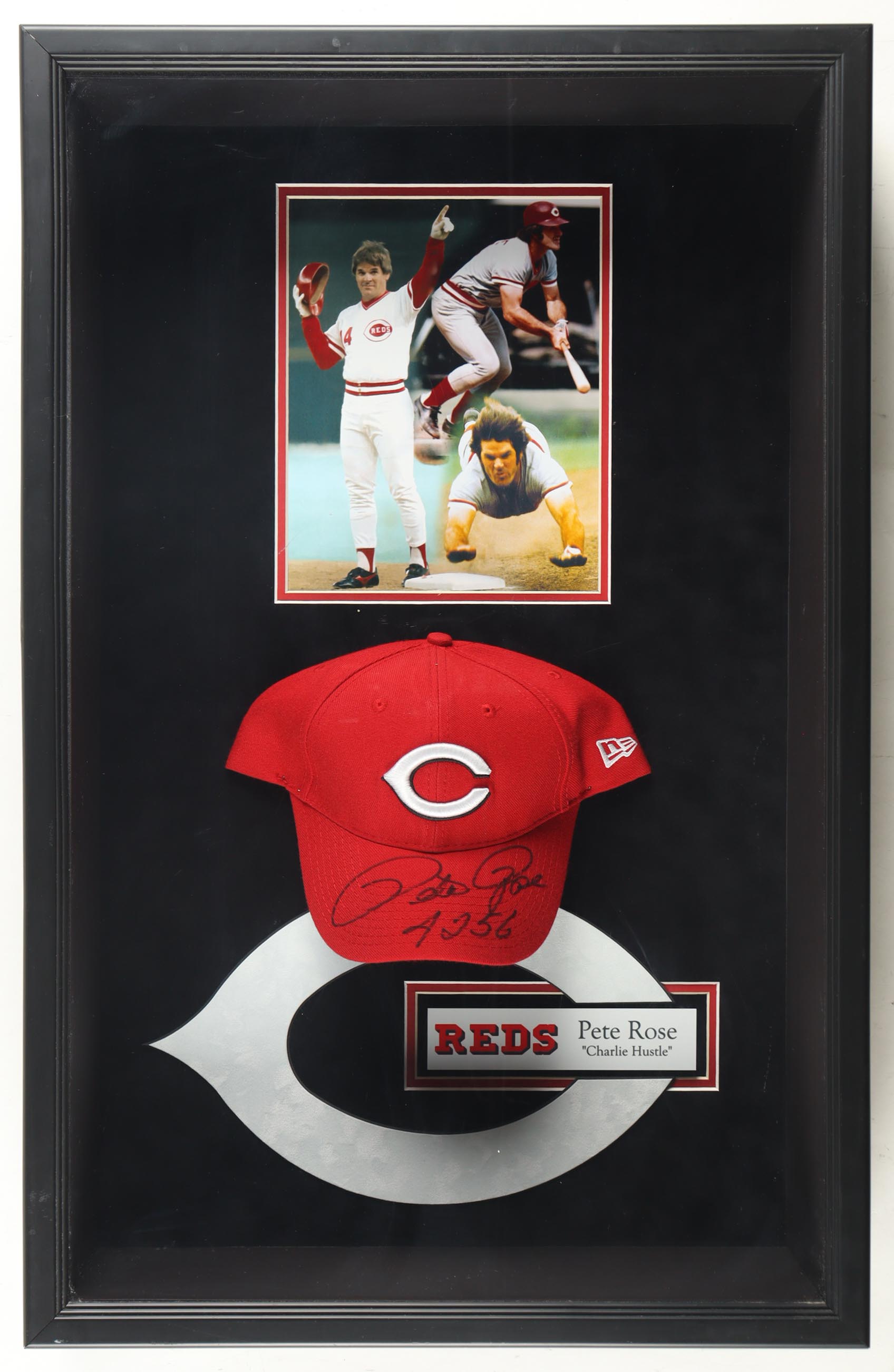Pete Rose Signed Reds Custom Framed Shadowbox Hat Display Inscribed "4256" (JSA) at PristineAuction.com Pete Rose Signed Reds Custom Framed Shadowbox Hat Display Inscribed "4256" (JSA) at PristineAuction.com
