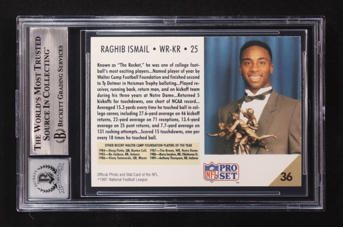 Raghib "Rocket" Ismail Signed 1991 Pro Set #36 RC / Walter Camp POY (BGS | Autograph Graded BGS 10) at PristineAuction.com Raghib "Rocket" Ismail Signed 1991 Pro Set #36 RC / Walter Camp POY (BGS | Autograph Graded BGS 10) at PristineAuction.com