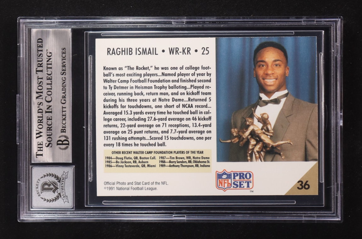 Raghib "Rocket" Ismail Signed 1991 Pro Set #36 RC / Walter Camp POY (BGS | Autograph Graded BGS 10) at PristineAuction.com Raghib "Rocket" Ismail Signed 1991 Pro Set #36 RC / Walter Camp POY (BGS | Autograph Graded BGS 10) at PristineAuction.com