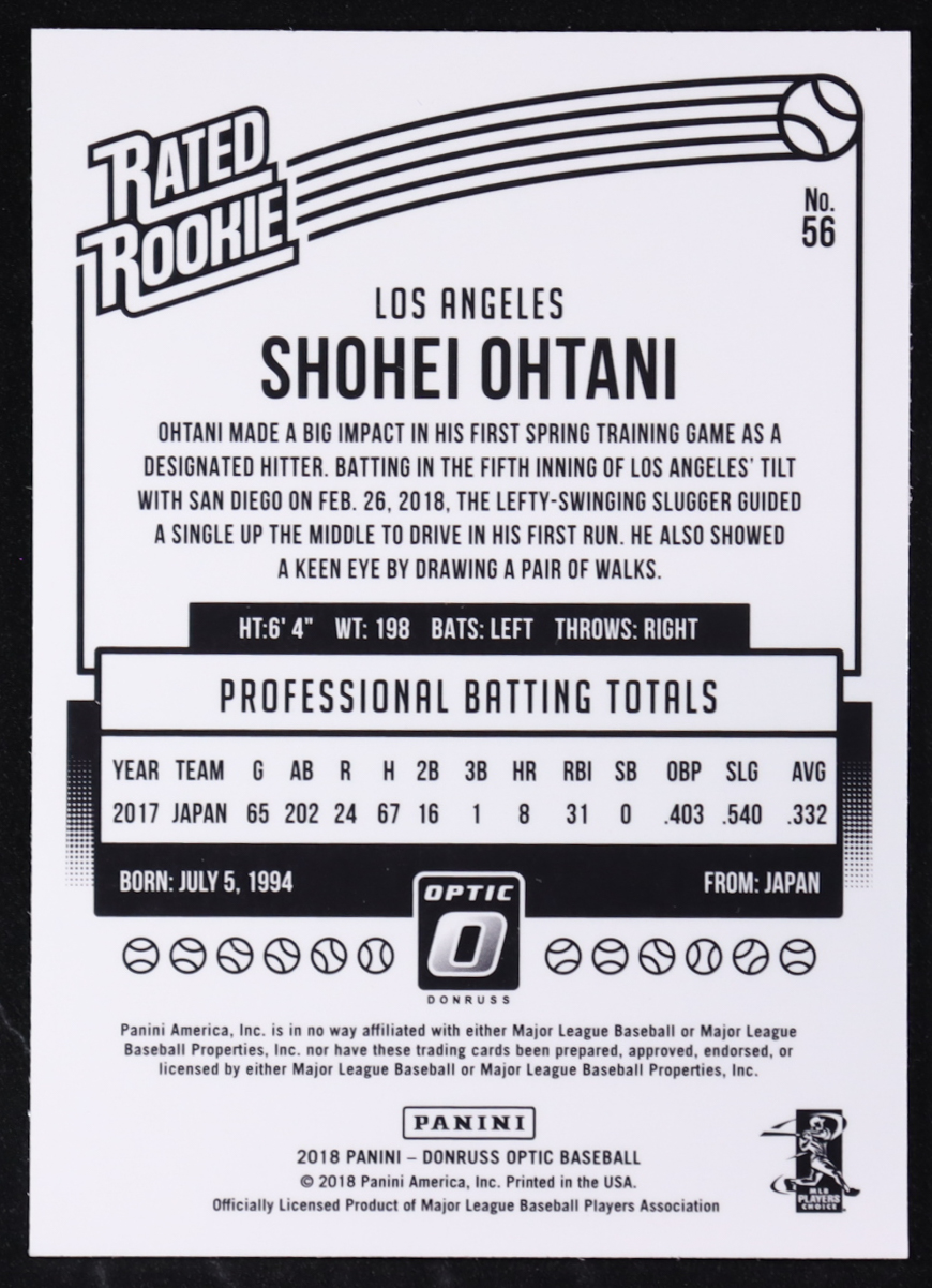 Shohei Ohtani 2018 Donruss Optic #56 RR RC at PristineAuction.com Shohei Ohtani 2018 Donruss Optic #56 RR RC at PristineAuction.com