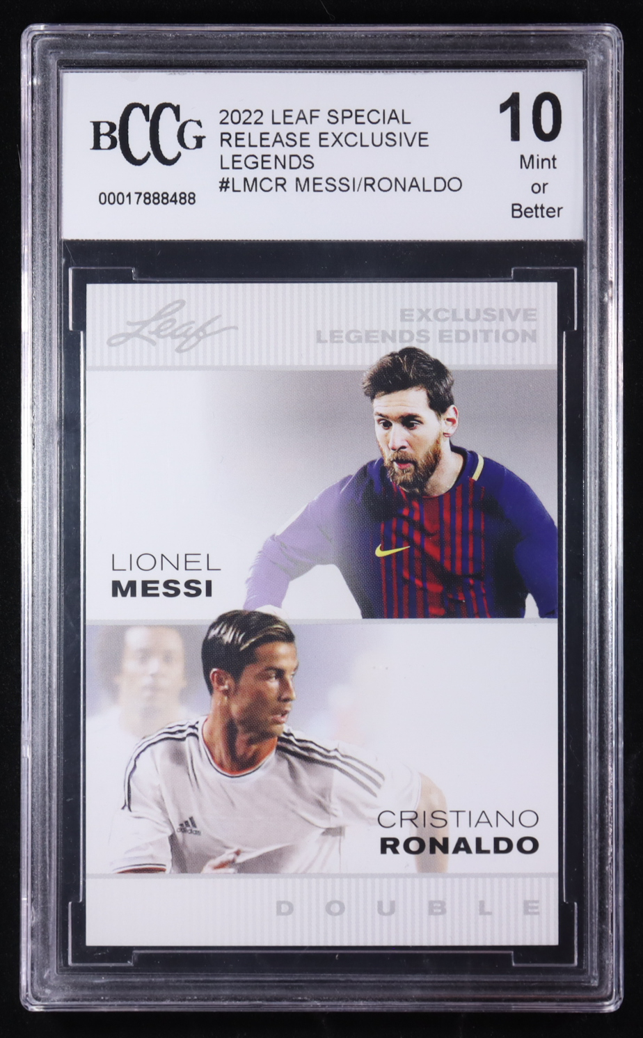 Lionel Messi / Cristiano Ronaldo 2022 Leaf Special Release Exclusive Legends Edition #LMCR (BCCG 10) at PristineAuction.com Lionel Messi / Cristiano Ronaldo 2022 Leaf Special Release Exclusive Legends Edition #LMCR (BCCG 10) at PristineAuction.com