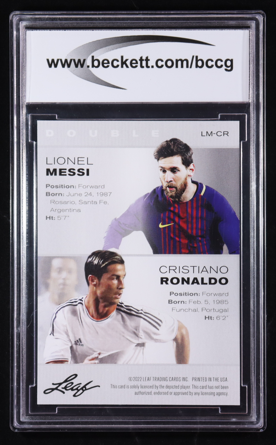 Lionel Messi / Cristiano Ronaldo 2022 Leaf Special Release Exclusive Legends Edition #LMCR (BCCG 10) at PristineAuction.com Lionel Messi / Cristiano Ronaldo 2022 Leaf Special Release Exclusive Legends Edition #LMCR (BCCG 10) at PristineAuction.com