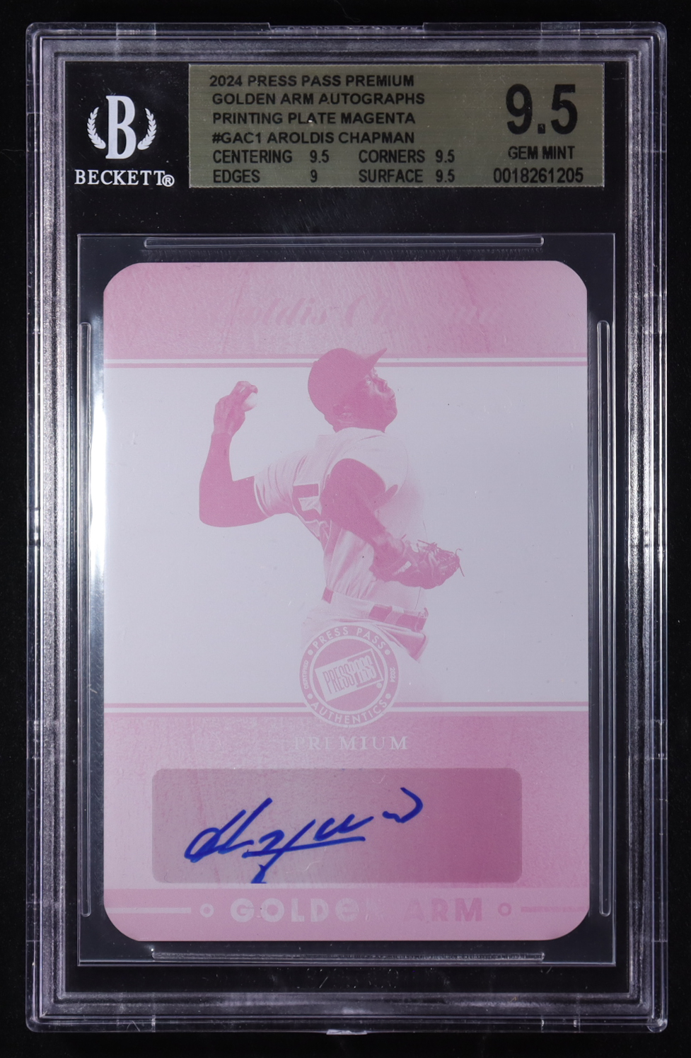 Aroldis Chapman 2024 Press Pass Premium Golden Arm Autographs Magenta Printing Plates #GAC1 #1/1 (BGS 9.5) at PristineAuction.com Aroldis Chapman 2024 Press Pass Premium Golden Arm Autographs Magenta Printing Plates #GAC1 #1/1 (BGS 9.5) at PristineAuction.com