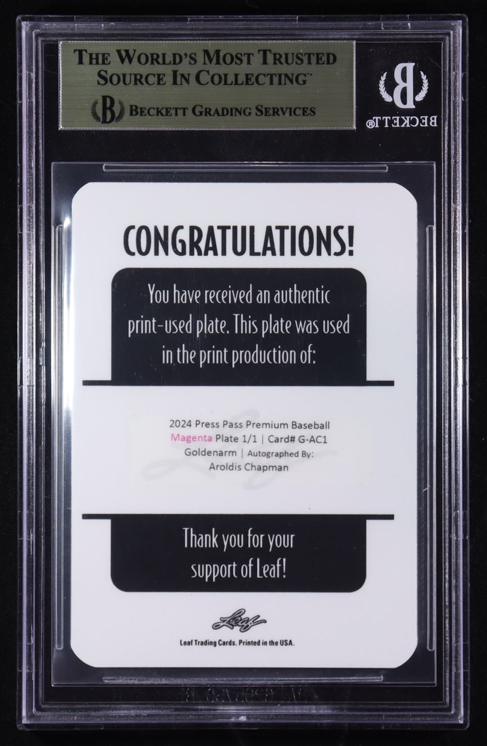 Aroldis Chapman 2024 Press Pass Premium Golden Arm Autographs Magenta Printing Plates #GAC1 #1/1 (BGS 9.5) at PristineAuction.com Aroldis Chapman 2024 Press Pass Premium Golden Arm Autographs Magenta Printing Plates #GAC1 #1/1 (BGS 9.5) at PristineAuction.com