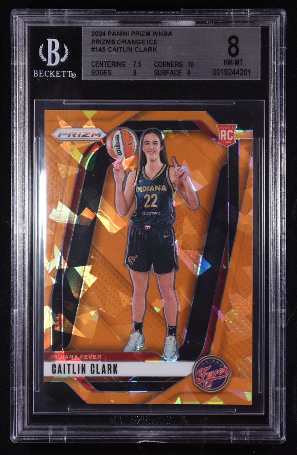 Caitlin Clark 2024 Panini Prizm WNBA Prizms Orange Ice #145 RC (BGS 8) at PristineAuction.com Caitlin Clark 2024 Panini Prizm WNBA Prizms Orange Ice #145 RC (BGS 8) at PristineAuction.com