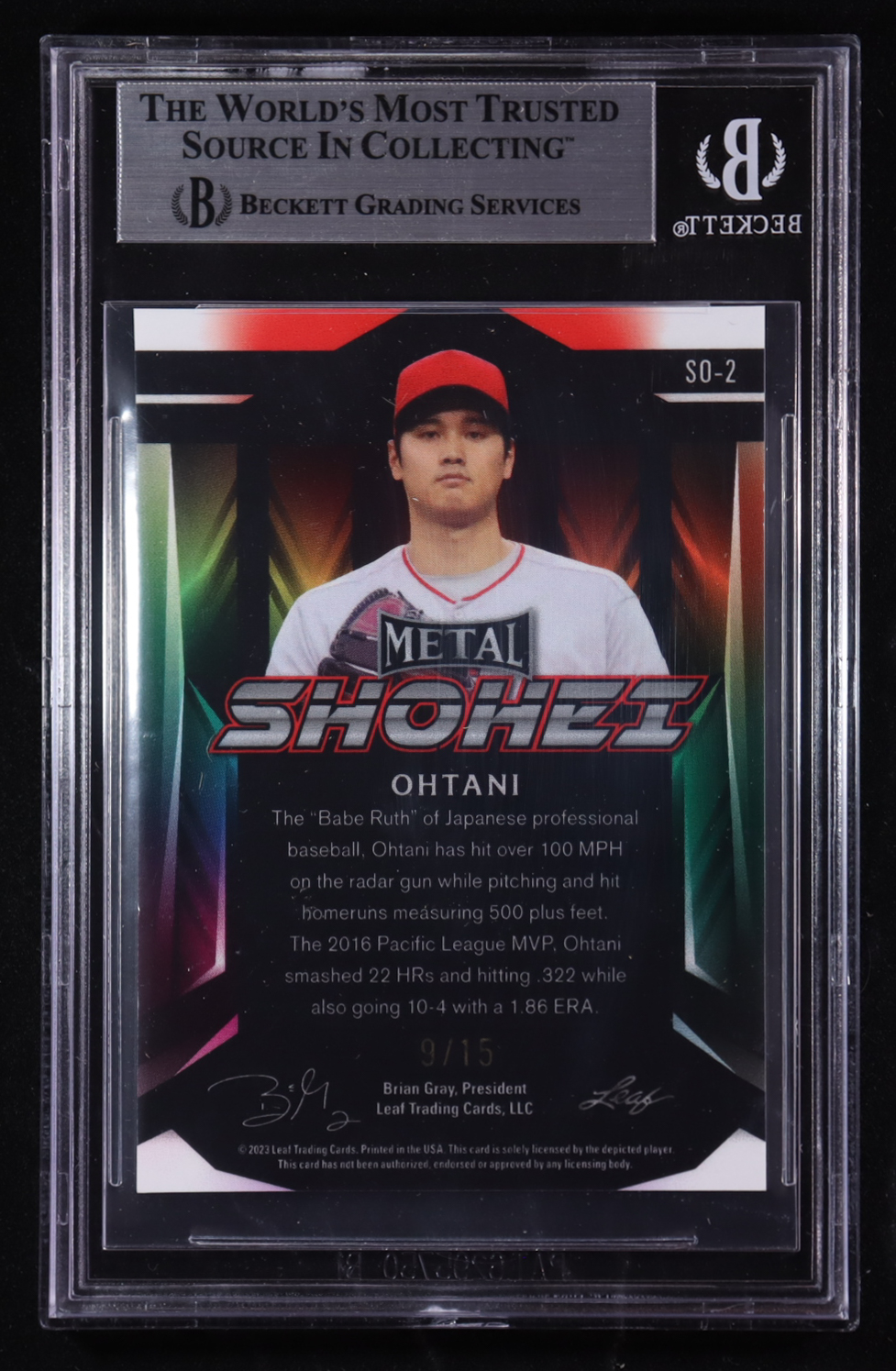 Shohei Ohtani 2023 Leaf Metal Prismatic Purple #SO2 #9/15 (BGS 9) at PristineAuction.com Shohei Ohtani 2023 Leaf Metal Prismatic Purple #SO2 #9/15 (BGS 9) at PristineAuction.com
