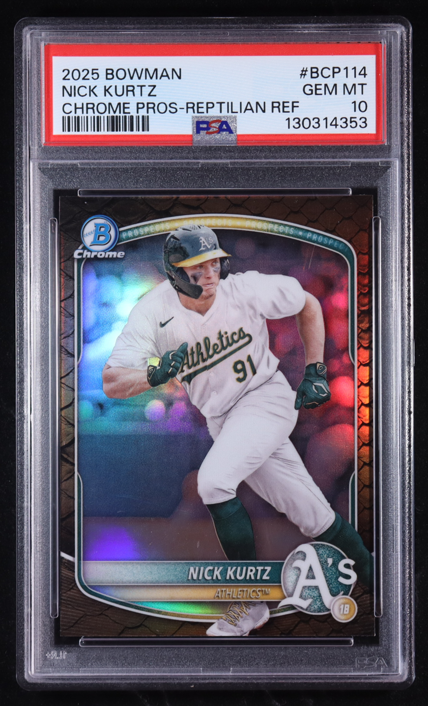 Nick Kurtz 2025 Bowman Chrome Prospects Reptilian Refractors #BCP114 RC (PSA 10) at PristineAuction.com Nick Kurtz 2025 Bowman Chrome Prospects Reptilian Refractors #BCP114 RC (PSA 10) at PristineAuction.com