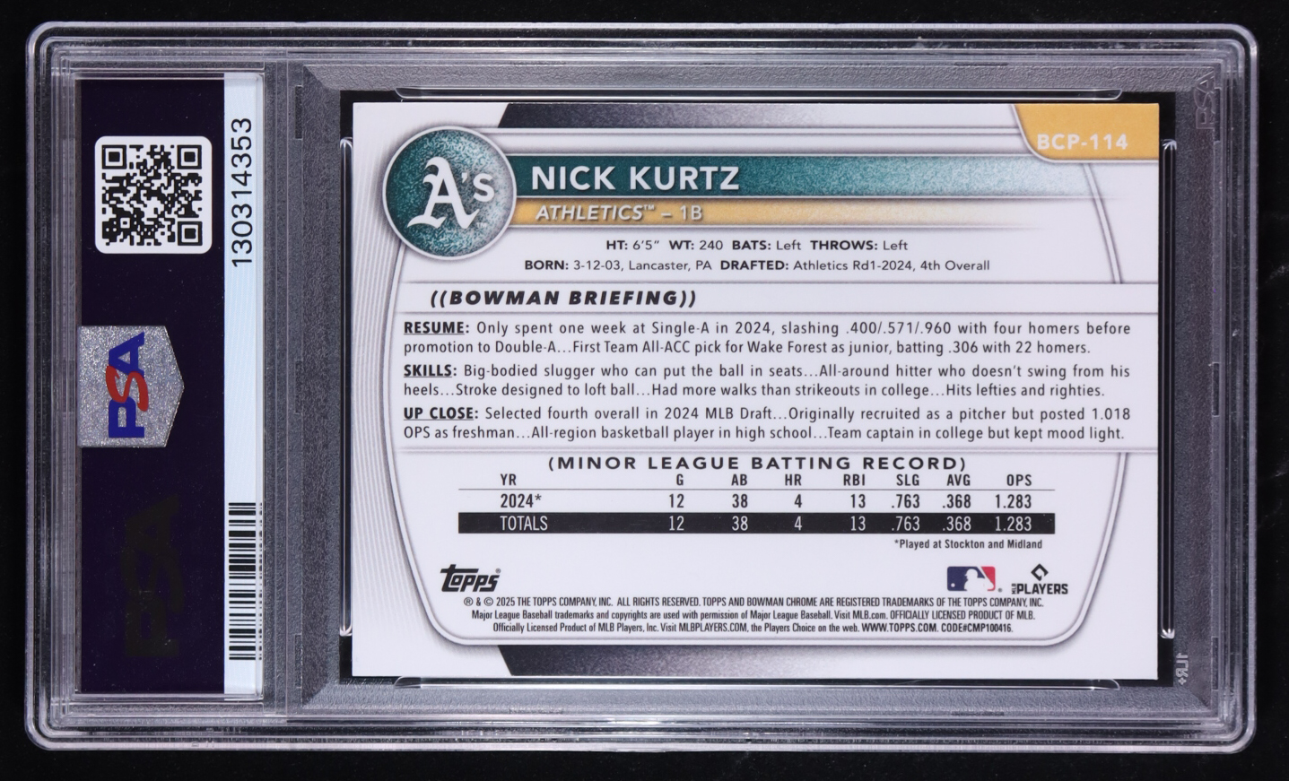 Nick Kurtz 2025 Bowman Chrome Prospects Reptilian Refractors #BCP114 RC (PSA 10) at PristineAuction.com Nick Kurtz 2025 Bowman Chrome Prospects Reptilian Refractors #BCP114 RC (PSA 10) at PristineAuction.com
