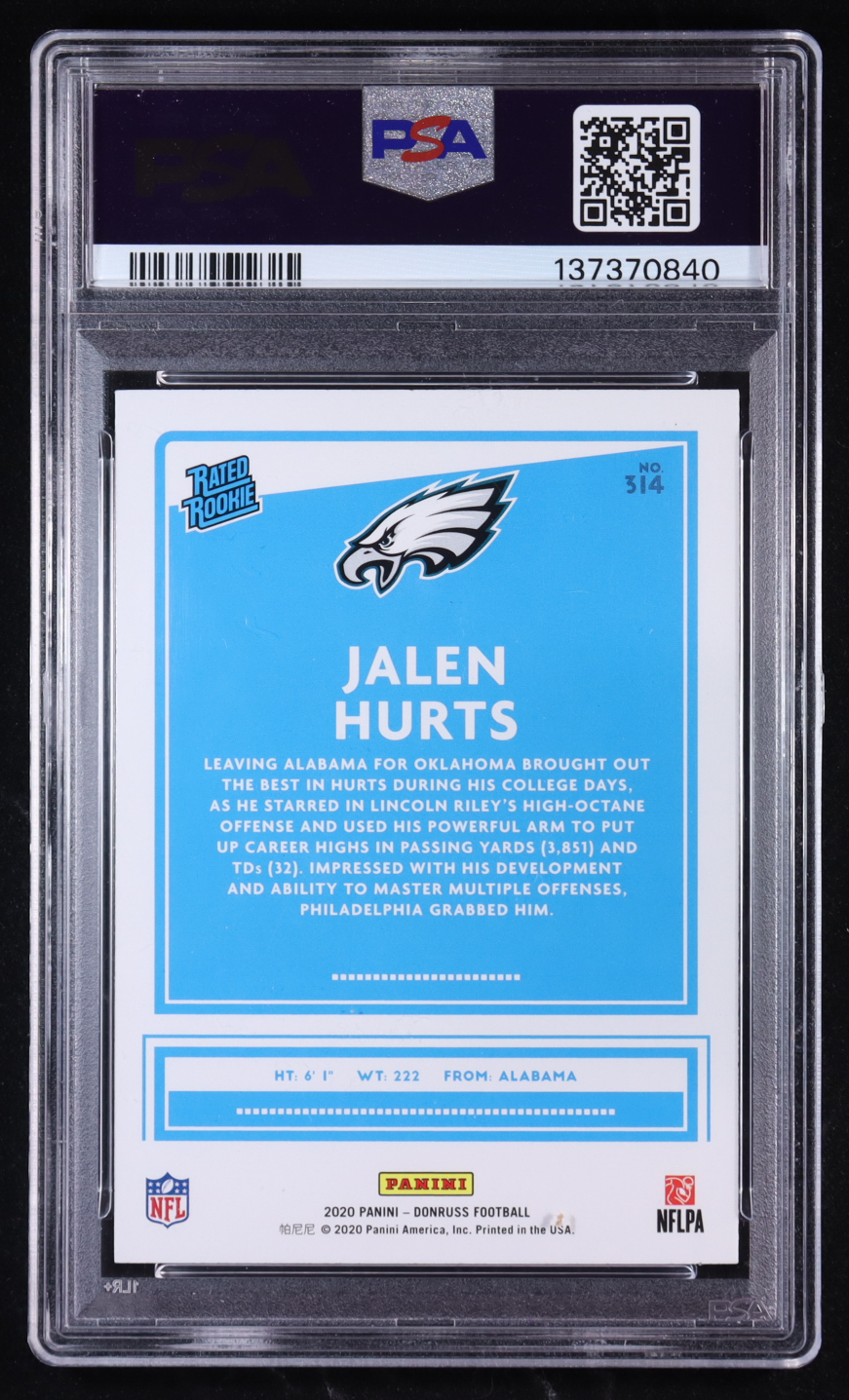 Jalen Hurts 2020 Donruss #314 RR RC (PSA 10) at PristineAuction.com Jalen Hurts 2020 Donruss #314 RR RC (PSA 10) at PristineAuction.com