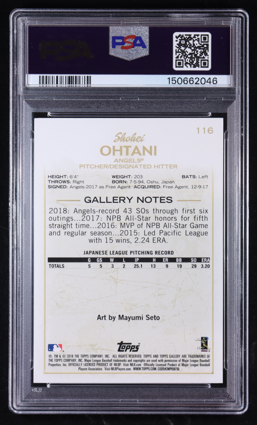 Shohei Ohtani 2018 Topps Gallery #116 RC (PSA 9) at PristineAuction.com Shohei Ohtani 2018 Topps Gallery #116 RC (PSA 9) at PristineAuction.com