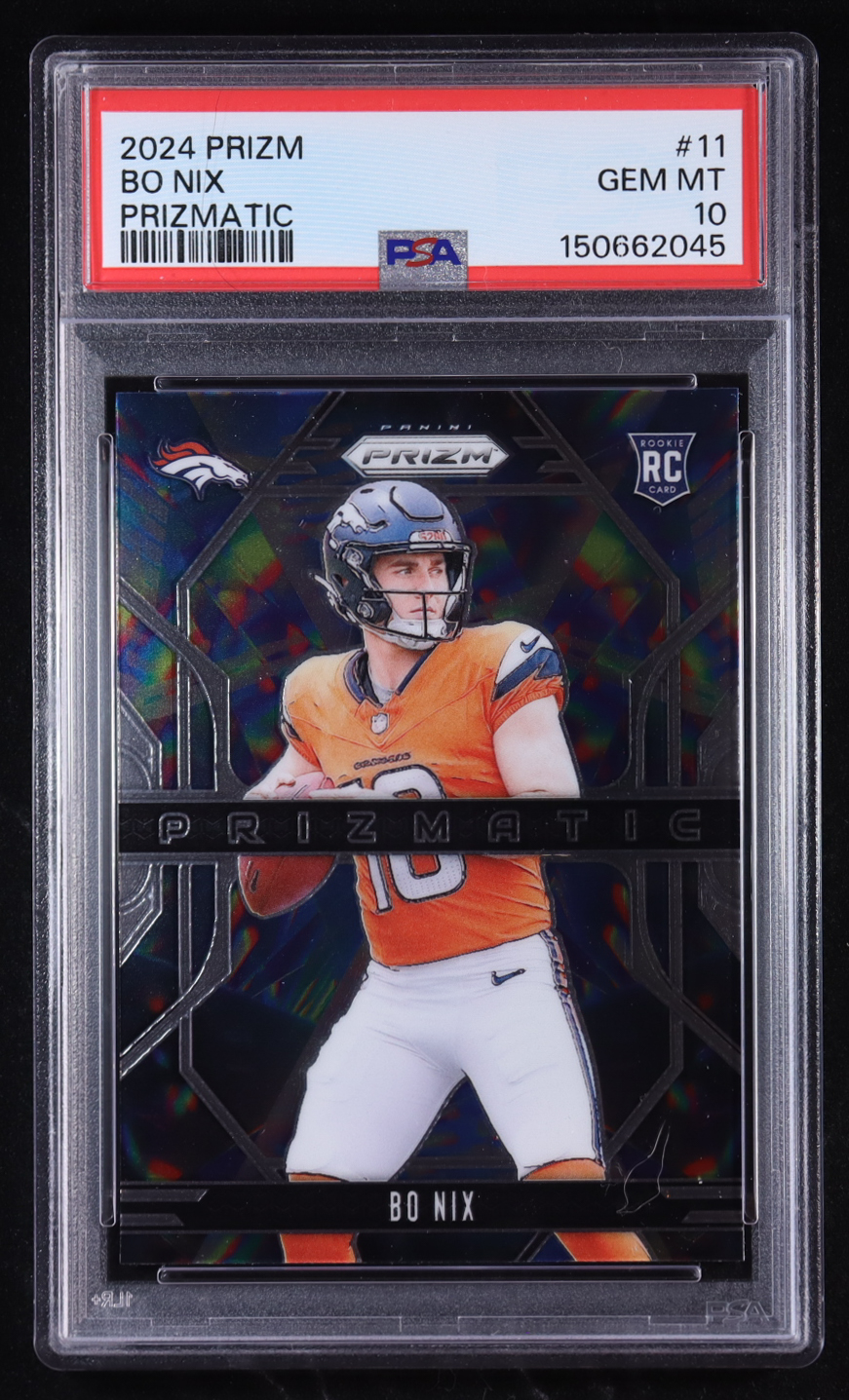 Bo Nix 2024 Panini Prizm Prizmatic #11 RC (PSA 10) at PristineAuction.com Bo Nix 2024 Panini Prizm Prizmatic #11 RC (PSA 10) at PristineAuction.com
