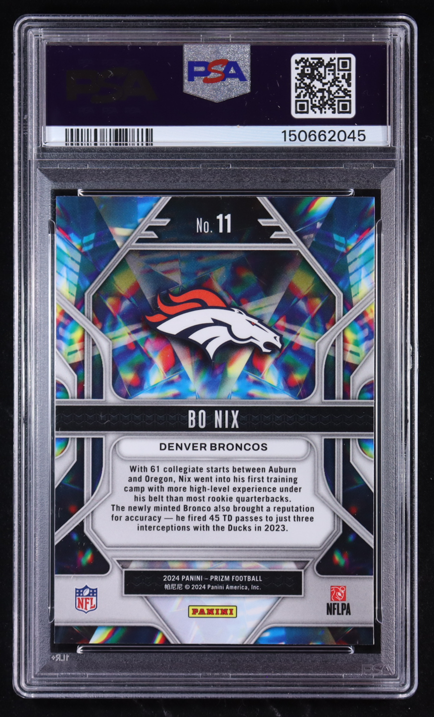Bo Nix 2024 Panini Prizm Prizmatic #11 RC (PSA 10) at PristineAuction.com Bo Nix 2024 Panini Prizm Prizmatic #11 RC (PSA 10) at PristineAuction.com