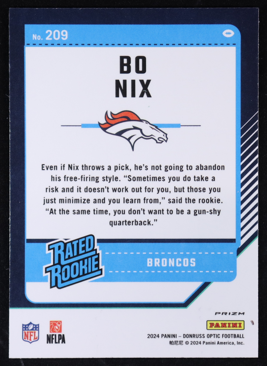 Bo Nix 2024 Donruss Optic Green Velocity #209 RR RC at PristineAuction.com Bo Nix 2024 Donruss Optic Green Velocity #209 RR RC at PristineAuction.com