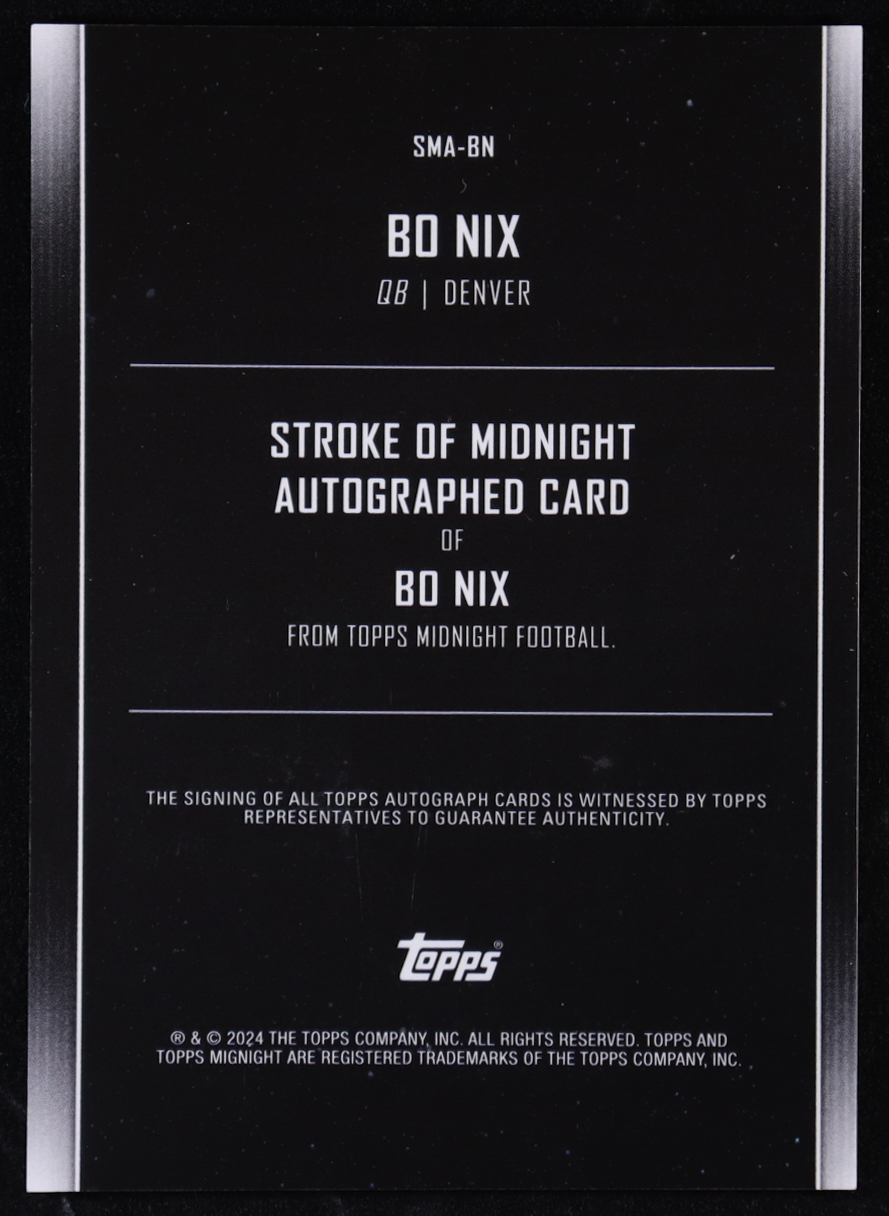 Bo Nix 2024 Topps Midnight Stroke of Midnight Autographs #SMA-BN RC at PristineAuction.com Bo Nix 2024 Topps Midnight Stroke of Midnight Autographs #SMA-BN RC at PristineAuction.com